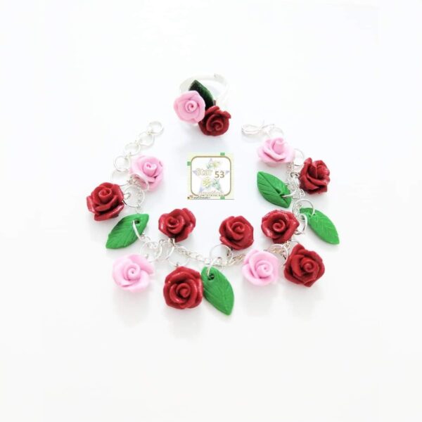 beautiful red & pink rose garden bracelet-ring set, 6.5 inches plus extra rings for adjustment