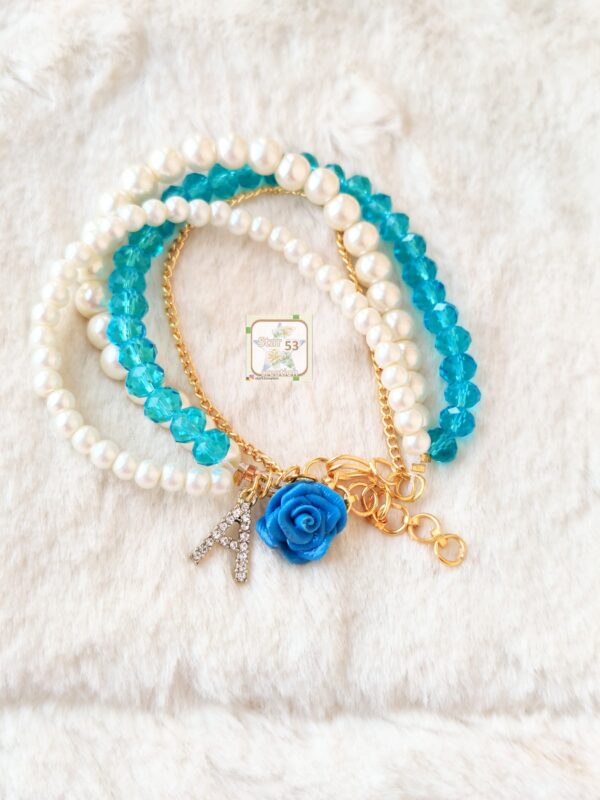 ocean breeze bracelet, rose and initial charm, 6.5 inches plus extra rings for adjustment - Image 2