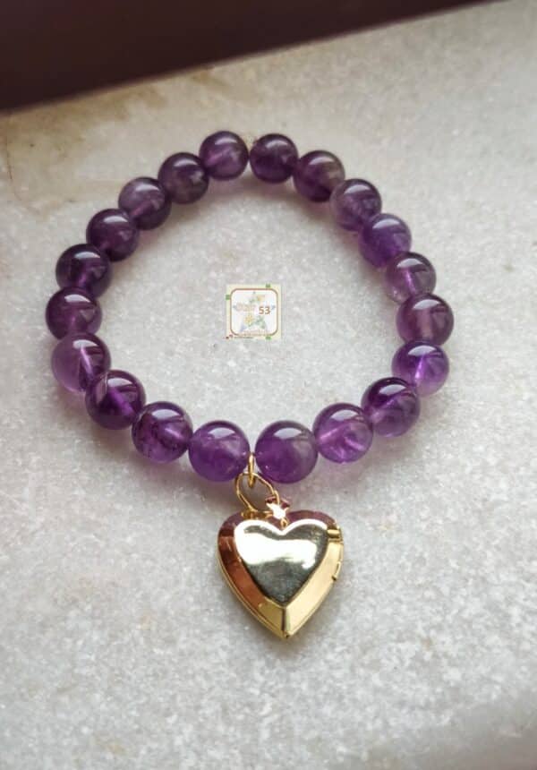 Amethyst bracelet (original aqeeq) with 18 k gold plated locket, 6.5 inches - Image 2