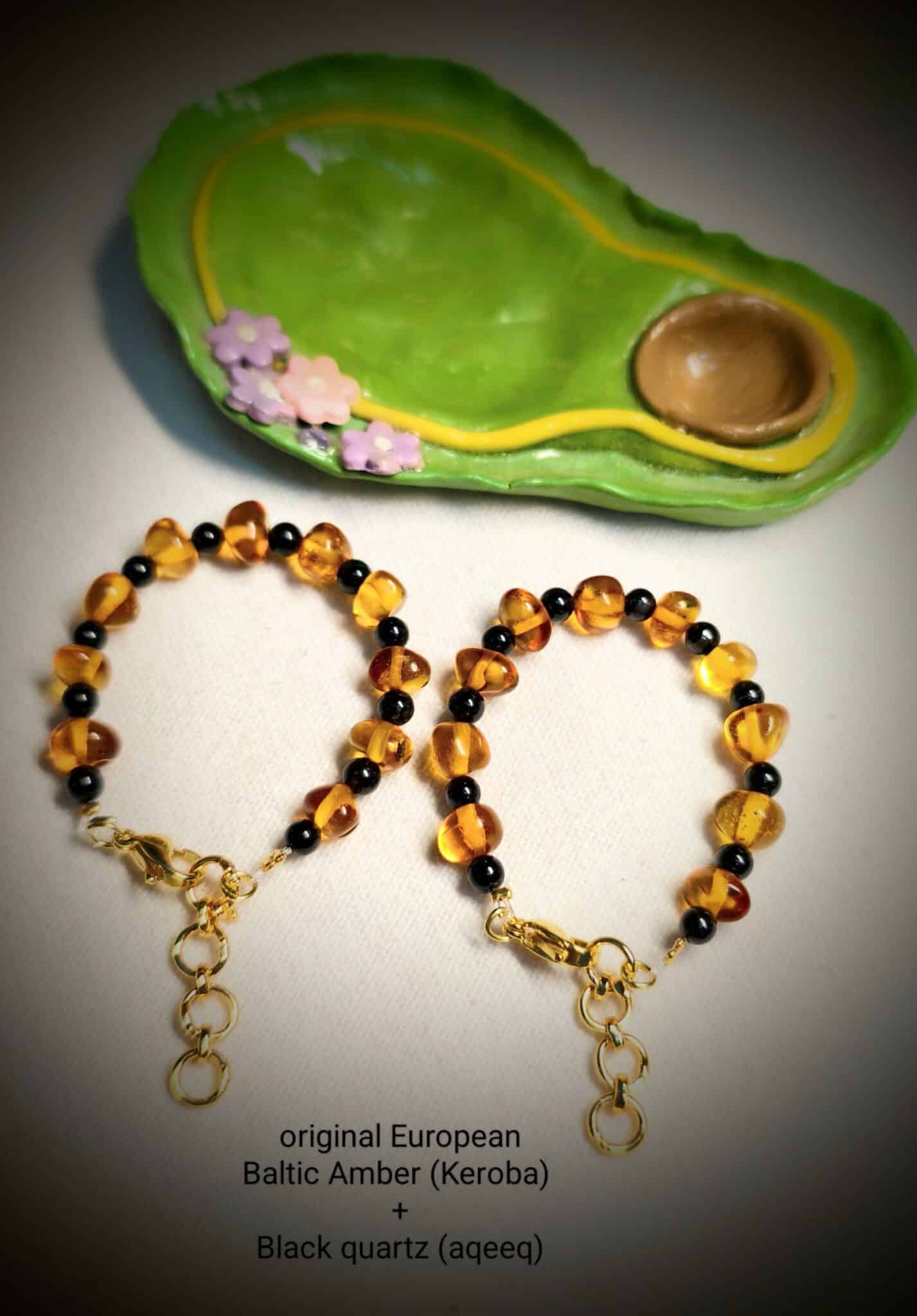Baby nazariyas (set of 2)
Original European Baltic Amber (keroba) + Black quartz (aqeeq)