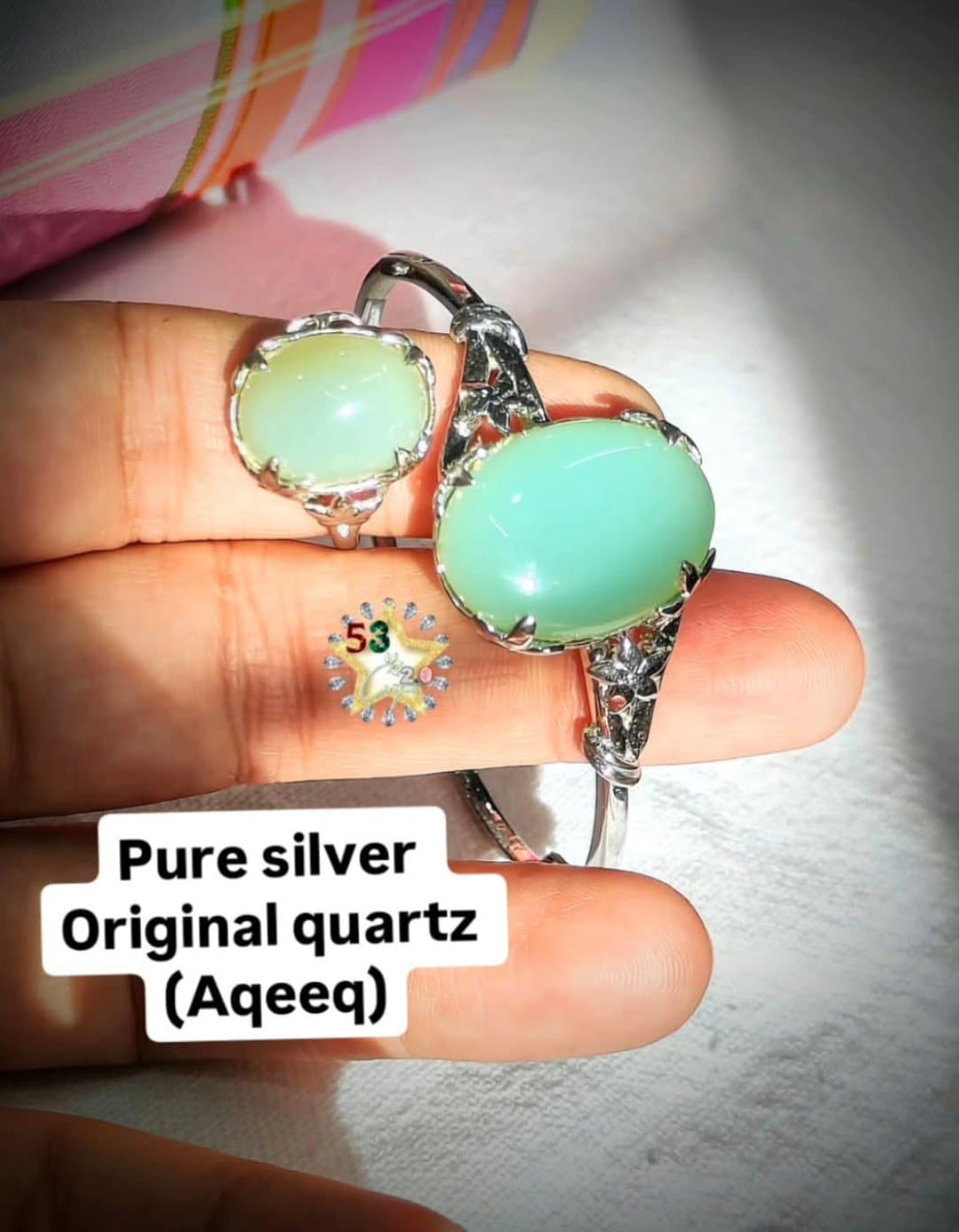 Aquamarine, pure silver set, openable, fits 2.4-2.6